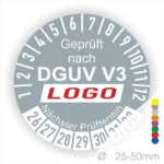 Prüfzertifikat nach DGUV V3 mit Angabe des nächsten Prüftermins, geeignet für Objekte mit einem Durchmesser von 25-50 mm.