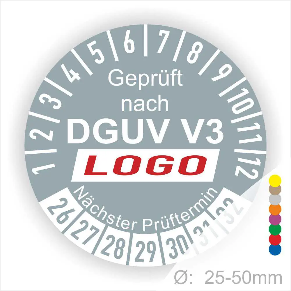 Prüfzertifikat nach DGUV V3 mit Angabe des nächsten Prüftermins, geeignet für Objekte mit einem Durchmesser von 25-50 mm.