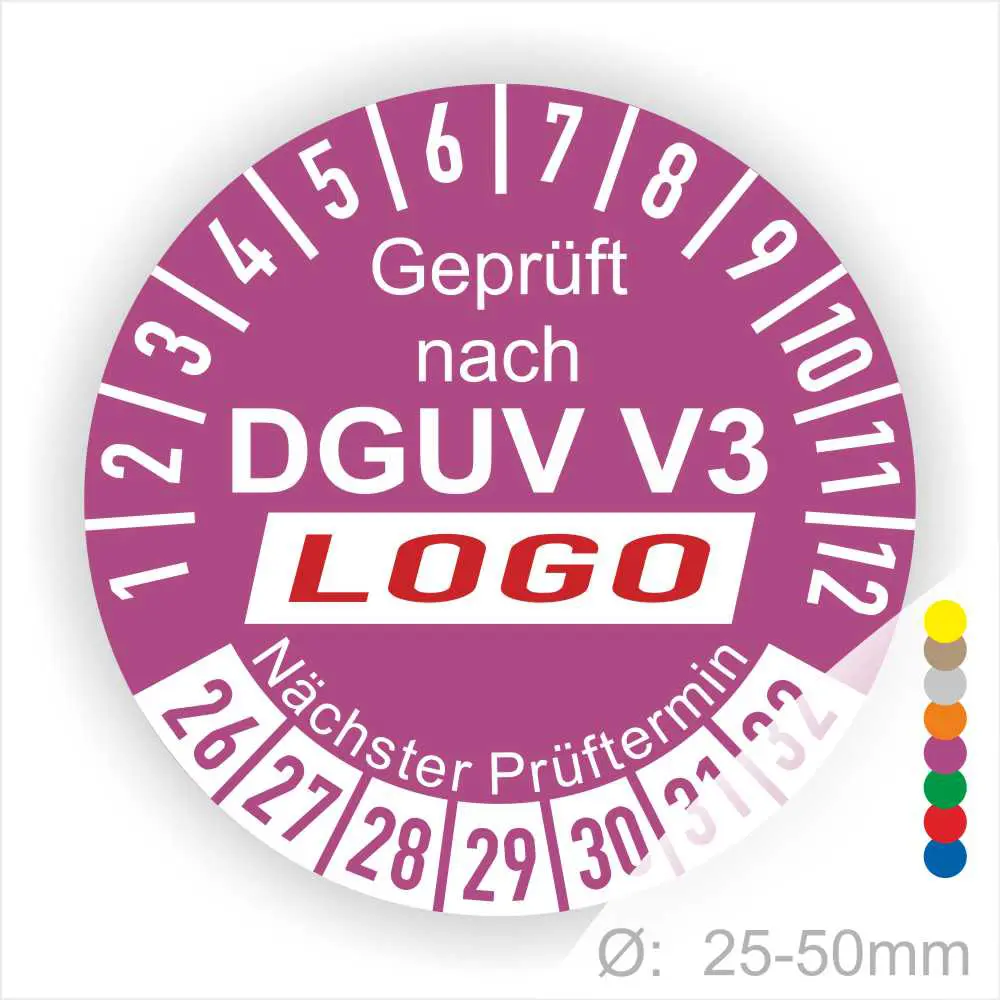Prüfziffernblatt für DGUV V3, zeigt Prüfdatum und nächste Prüfung. Ideal für Geräte mit einem Durchmesser von 25-50 mm.