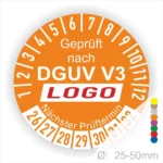 Prüfziffernaufkleber nach DGUV V3 in orange, mit Angabe des nächsten Prüftermins und Durchmesser von 25-50mm.