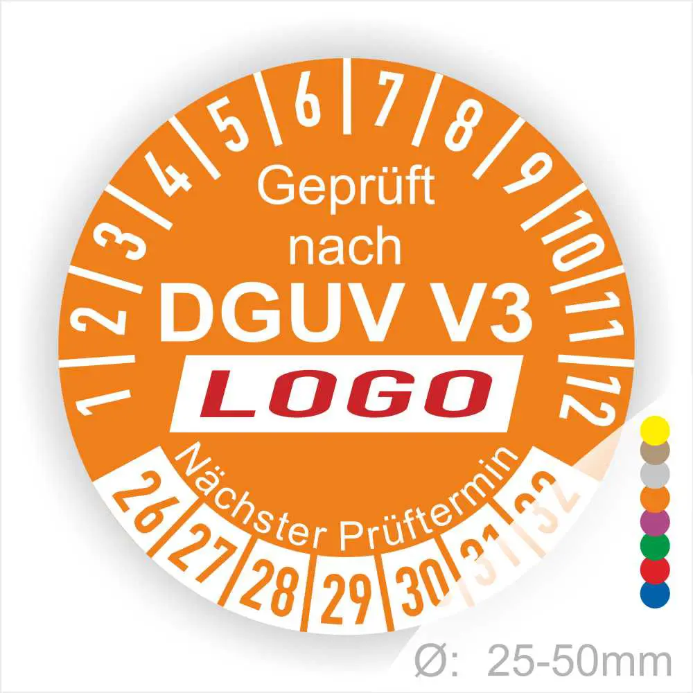 Prüfziffernaufkleber nach DGUV V3 in orange, mit Angabe des nächsten Prüftermins und Durchmesser von 25-50mm.