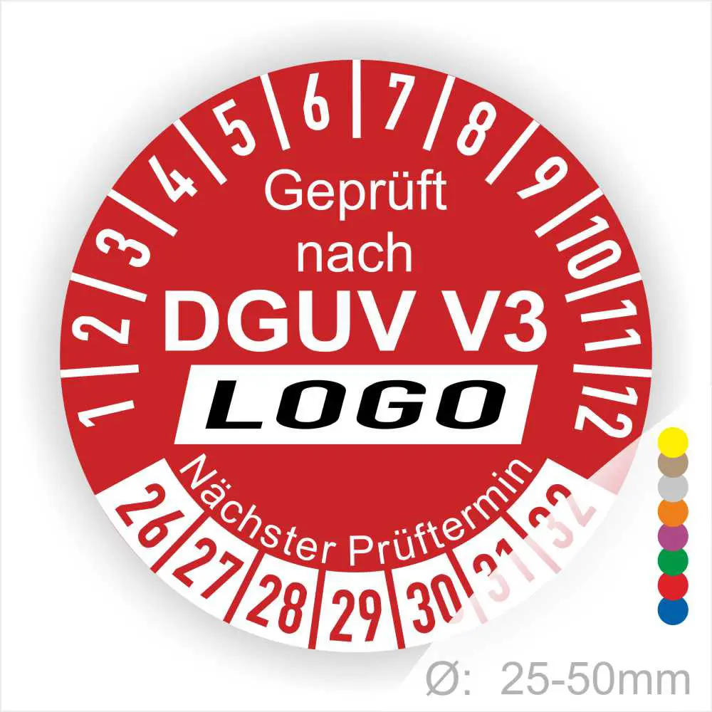 Rotes Prüfplakett mit der Aufschrift "Geprüft nach DGUV V3", zeigt nächste Prüftermine und Durchmesser von 25-50 mm an.