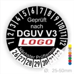 Prüfziffernscheibe für DGUV V3 mit nächstem Prüftermin und Durchmesserangabe von 25-50 mm.