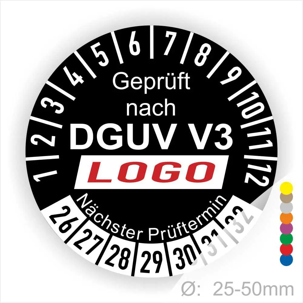 Prüfziffernscheibe für DGUV V3 mit nächstem Prüftermin und Durchmesserangabe von 25-50 mm.