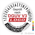 Prüfziffern für DGUV V3 Prüfung, mit Angabe des nächsten Prüftermins und Größenangabe von 25-50 mm.