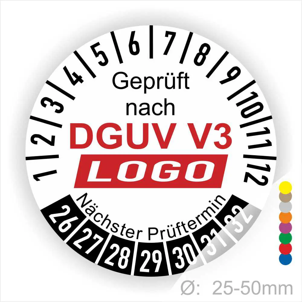 Prüfziffern für DGUV V3 Prüfung, mit Angabe des nächsten Prüftermins und Größenangabe von 25-50 mm.