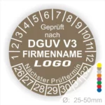 Prüfsiegel gemäß DGUV V3 mit Platz für Firmenlogo und nächstem Prüftermin, Durchmesser 25-50 mm.