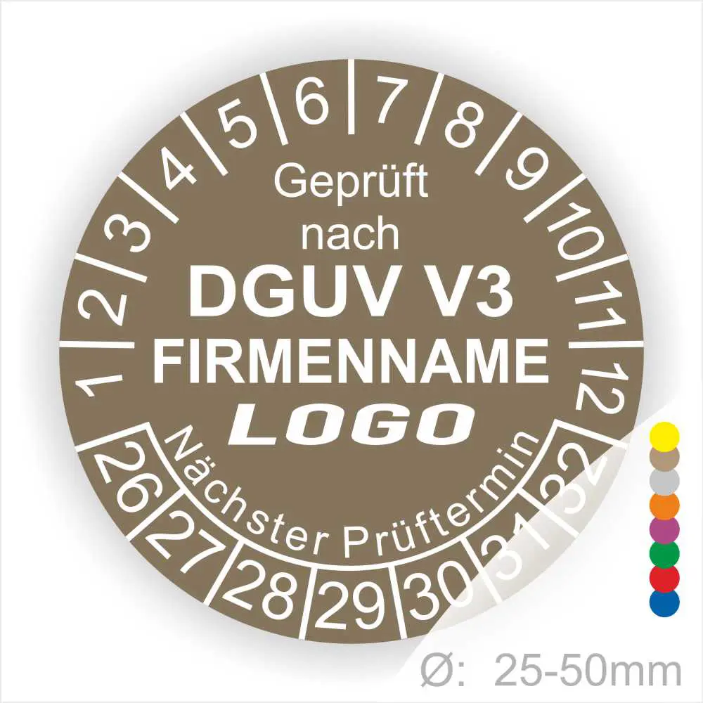 Prüfsiegel gemäß DGUV V3 mit Platz für Firmenlogo und nächstem Prüftermin, Durchmesser 25-50 mm.