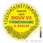 Gelbes Prüfzeichen gemäß DGUV V3 mit Platz für Firmenname und Logo, zeigt nächste Prüftermine und Durchmesser von 25-50 mm an.