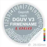 DGUV V3 Prüfplakette mit Platz für Firmenlogo und nächsten Prüftermin, geeignet für Geräte mit einem Durchmesser von 25-50 mm.