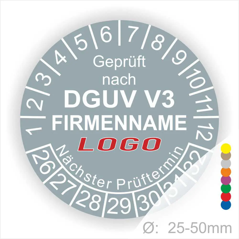 DGUV V3 Prüfplakette mit Platz für Firmenlogo und nächsten Prüftermin, geeignet für Geräte mit einem Durchmesser von 25-50 mm.
