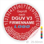 Runder Prüfaufkleber mit rotem Hintergrund, der nach DGUV V3 zertifiziert ist. Enthält Platz für den Firmennamen und das Logo, sowie die nächsten Prüftermine, nummeriert von 1 bis 30. Durchmesser von 25-50 mm.