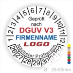 Prüfzertifikat nach DGUV V3 mit Platz für Firmenname und Logo, zeigt den nächsten Prüftermin und ist für Durchmesser von 25-50mm geeignet.