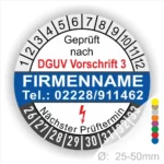 Prüfsiegel gemäß DGUV Vorschrift 3 mit Platz für Firmennamen und Kontaktnummer, nächster Prüftermin angezeigt, Durchmesser 25-50mm.