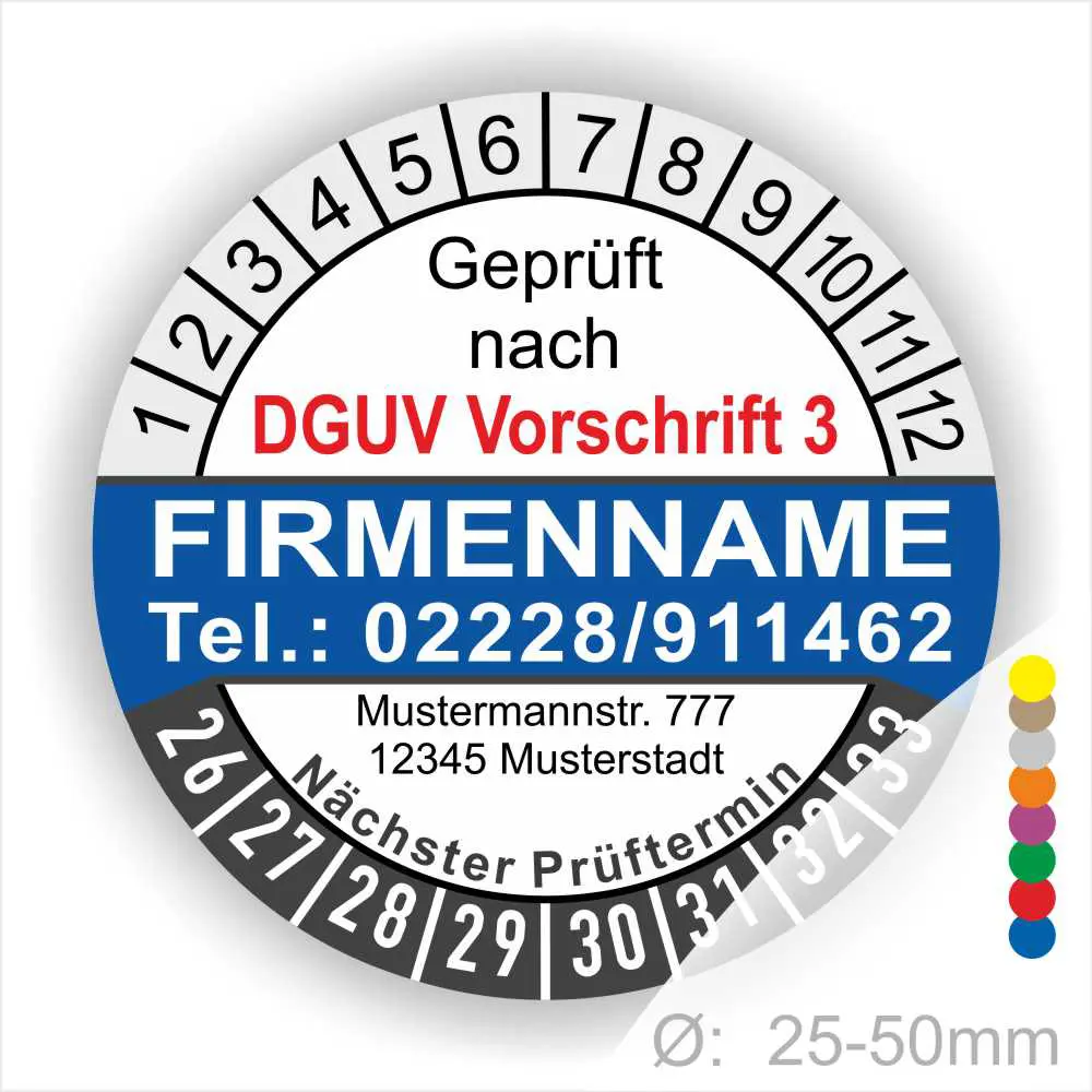 Prüfzertifikat gemäß DGUV Vorschrift 3, mit Firmenname und Kontaktdaten, zeigt den nächsten Prüftermin sowie Durchmesserangaben von 25-50 mm.