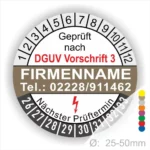 Prüfzertifikat nach DGUV Vorschrift 3 mit Firmennamen und Kontaktnummer, nächster Prüftermin und Durchmesserangabe von 25-50 mm.