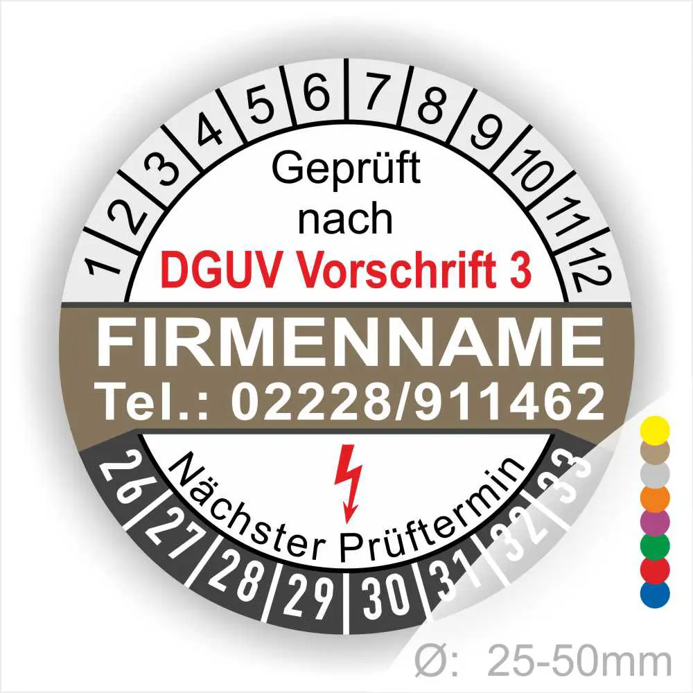 Prüfzertifikat nach DGUV Vorschrift 3 mit Firmennamen und Kontaktnummer, nächster Prüftermin und Durchmesserangabe von 25-50 mm.