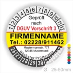 Prüfziffernblatt nach DGUV Vorschrift 3, personalisiert mit Firmennamen, Telefonnummer und Adresse. Zeigt nächsten Prüftermin sowie Maße von 25-50 mm an. Ideal für Sicherheitsprüfungen in Unternehmen.