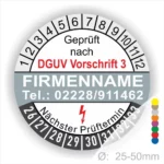 Prüfsiegel nach DGUV Vorschrift 3 mit Platz für Firmenname und Telefonnummer, zeigt den nächsten Prüftermin und ist für Geräte mit einem Durchmesser von 25-50 mm geeignet.