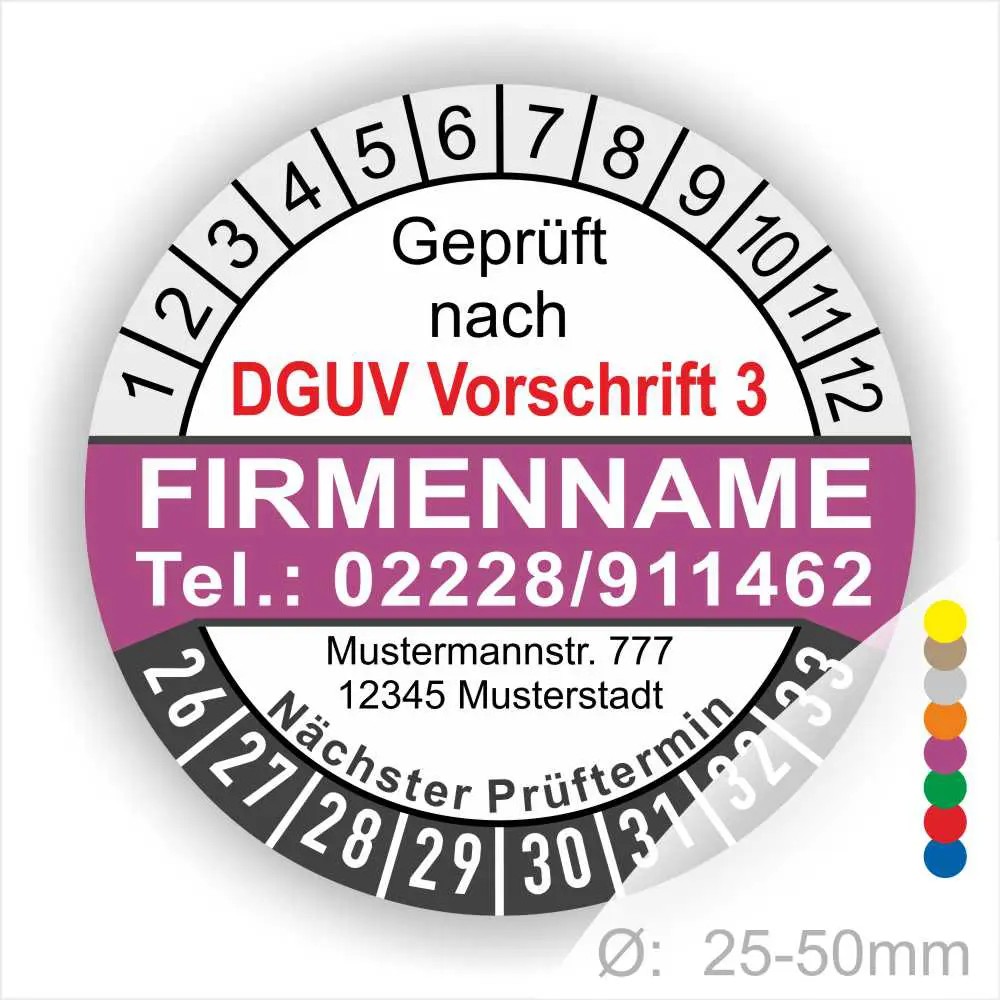 Prüfziffern und Kontaktdaten eines Unternehmens gemäß DGUV Vorschrift 3, einschließlich Adresse und nächstem Prüftermin, auf einem Prüfaufkleber für Geräte mit einem Durchmesser von 25-50 mm.
