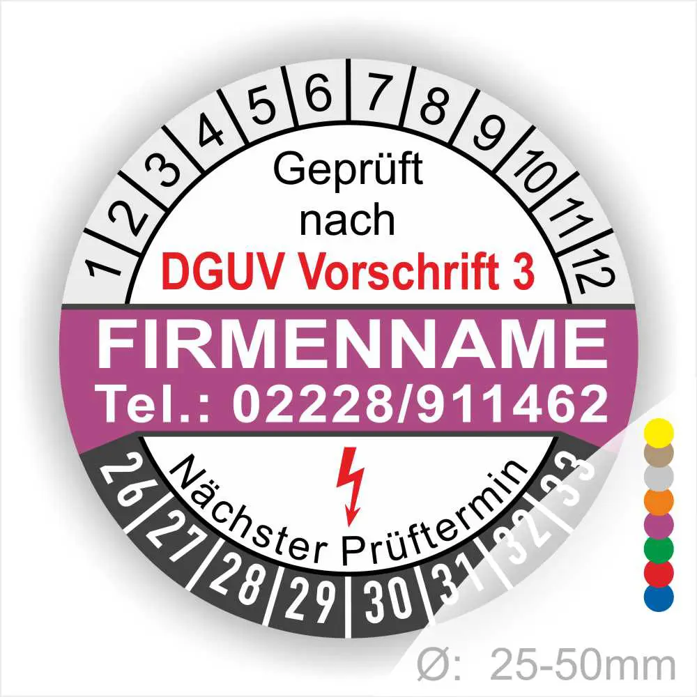 Prüfziffernkreis gemäß DGUV Vorschrift 3 mit Platz für Firmennamen und Kontaktdaten, inklusive nächstem Prüftermin und Durchmesserangabe von 25-50mm.