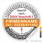 Prüfsiegel nach DGUV Vorschrift 3 mit Kontaktinformationen und nächstem Prüftermin, geeignet für Durchmesser von 25-50 mm.