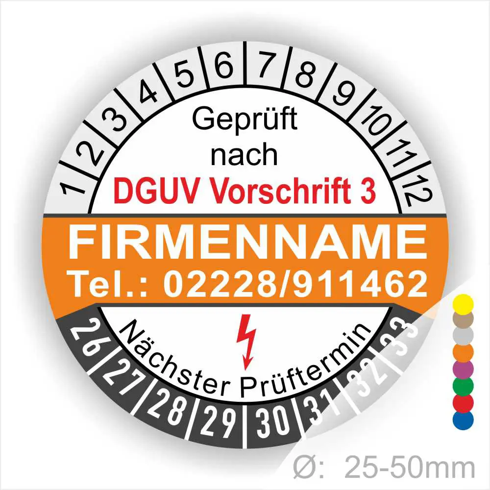 Prüfsiegel nach DGUV Vorschrift 3 mit Kontaktinformationen und nächstem Prüftermin, geeignet für Durchmesser von 25-50 mm.