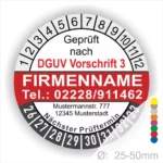 Sicherheitsprüfsiegel nach DGUV Vorschrift 3 mit Kontaktdaten einer Firma, Prüfdatum und nächsten Prüftermin, geeignet für Geräte mit einem Durchmesser von 25-50 mm.