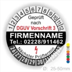 Runder Prüfaufkleber gemäß DGUV Vorschrift 3, mit Platz für Firmennamen und Kontaktdaten. Zeigt den nächsten Prüftermin an und hat einen Durchmesser von 25-50 mm. Farbcodierte Bereiche zur einfachen Identifikation von Prüfintervallen.