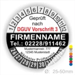 Prüfzertifikat nach DGUV Vorschrift 3 für Unternehmen, inklusive Kontaktinformationen und nächstem Prüftermin. Durchmesser 25-50 mm, mit Firmennamen und Adresse.