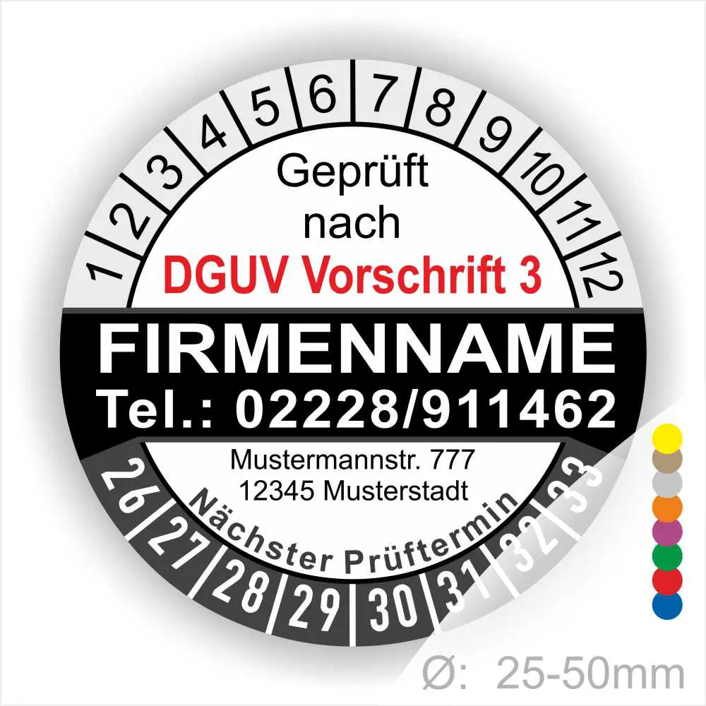 Prüfzertifikat nach DGUV Vorschrift 3 für Unternehmen, inklusive Kontaktinformationen und nächstem Prüftermin. Durchmesser 25-50 mm, mit Firmennamen und Adresse.