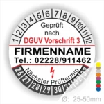 Prüfsiegel gemäß DGUV Vorschrift 3 mit Platz für Firmenname und Kontaktdaten, zeigt nächsten Prüftermin und Durchmesser von 25-50 mm. Ideal für Sicherheits- und Wartungskennzeichnung.