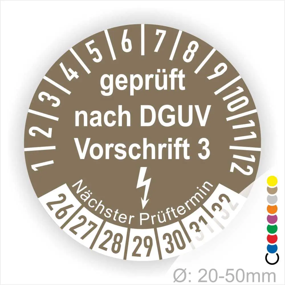 Prüfsiegel gemäß DGUV Vorschrift 3 für Geräte mit einem Durchmesser von 20-50 mm, mit Angaben zum nächsten Prüftermin.
