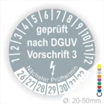Prüfsiegel nach DGUV Vorschrift 3 für Geräte mit einem Durchmesser von 20-50 mm, zeigt den nächsten Prüftermin an.