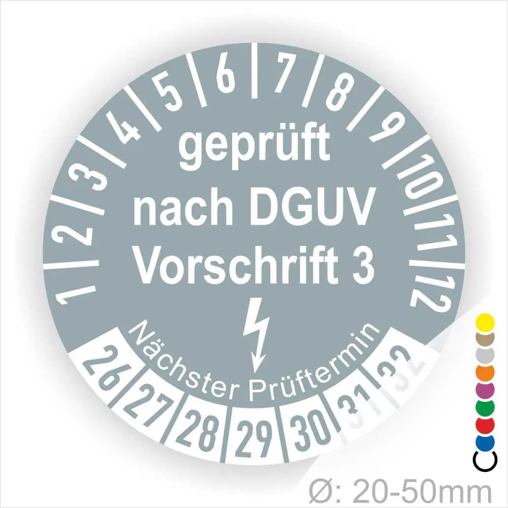 Prüfsiegel nach DGUV Vorschrift 3 für Geräte mit einem Durchmesser von 20-50 mm, zeigt den nächsten Prüftermin an.