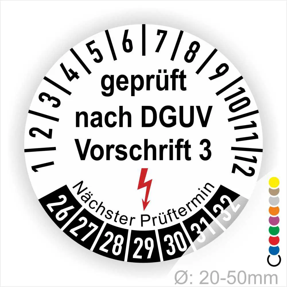 Prüfziffern für DGUV Vorschrift 3 mit nächstem Prüftermin, geeignet für Geräte mit einem Durchmesser von 20-50 mm.