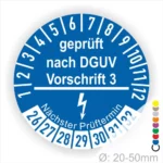 Blauer Prüfaufkleber nach DGUV Vorschrift 3 mit Angaben zum nächsten Prüftermin und Durchmesser von 20-50 mm. Ideal für die Kennzeichnung von elektrotechnischen Geräten und Sicherheitsprüfungen.
