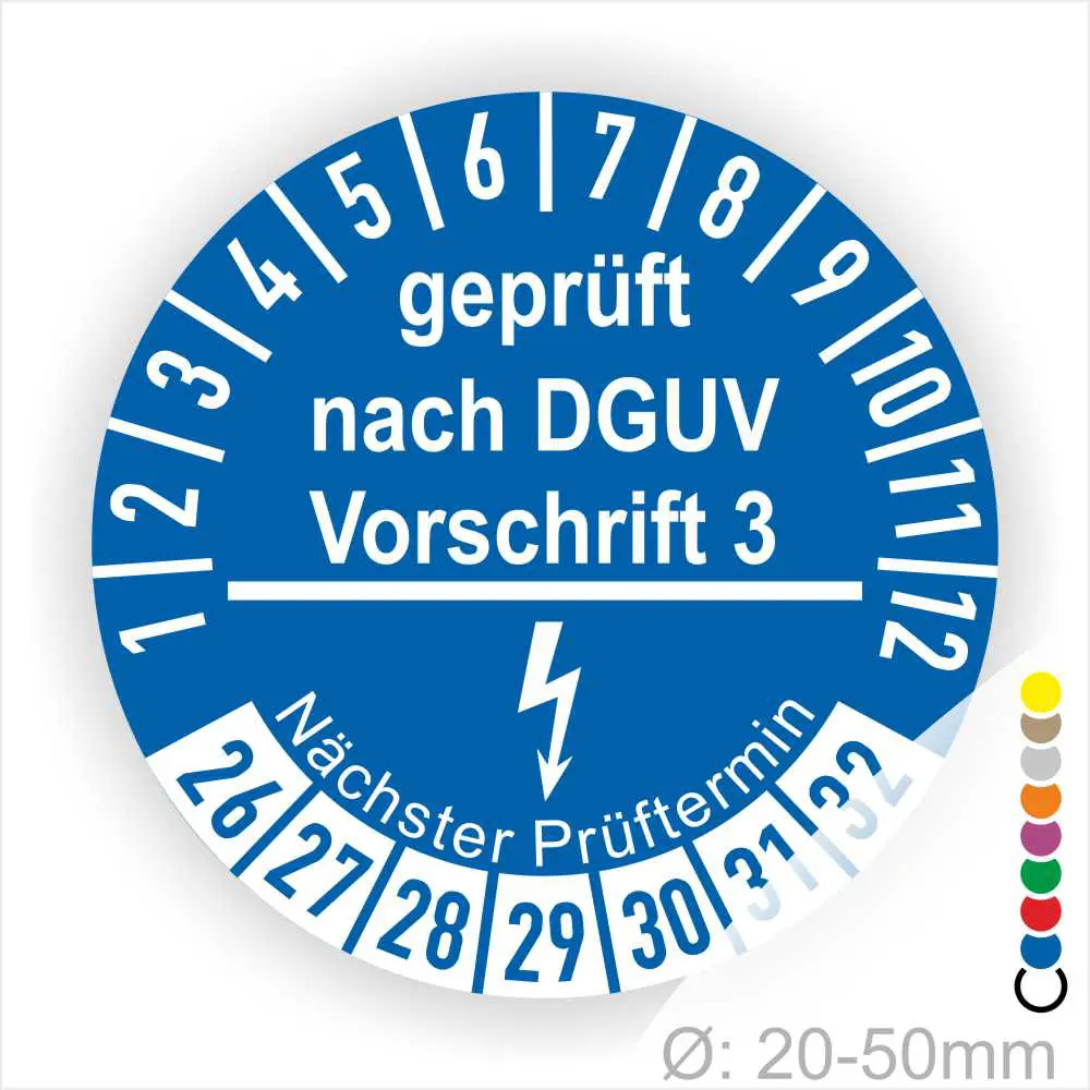 Blauer Prüfaufkleber nach DGUV Vorschrift 3 mit Angaben zum nächsten Prüftermin und Durchmesser von 20-50 mm. Ideal für die Kennzeichnung von elektrotechnischen Geräten und Sicherheitsprüfungen.