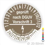 Prüfsiegel nach DGUV Vorschrift 3, zeigt den nächsten Prüftermin für Geräte mit einem Durchmesser von 20-50 mm.