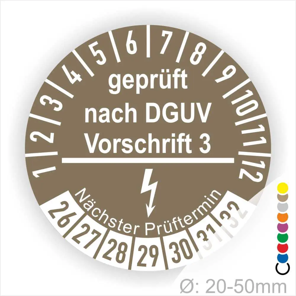 Prüfsiegel nach DGUV Vorschrift 3, zeigt den nächsten Prüftermin für Geräte mit einem Durchmesser von 20-50 mm.