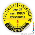 DGUV V3 Prüfplakette gelb mit Hinweis „Nächster Prüftermin“, Jahres- und Monatsring, geprüft nach DGUV Vorschrift 3, Ø 20–50 mm
