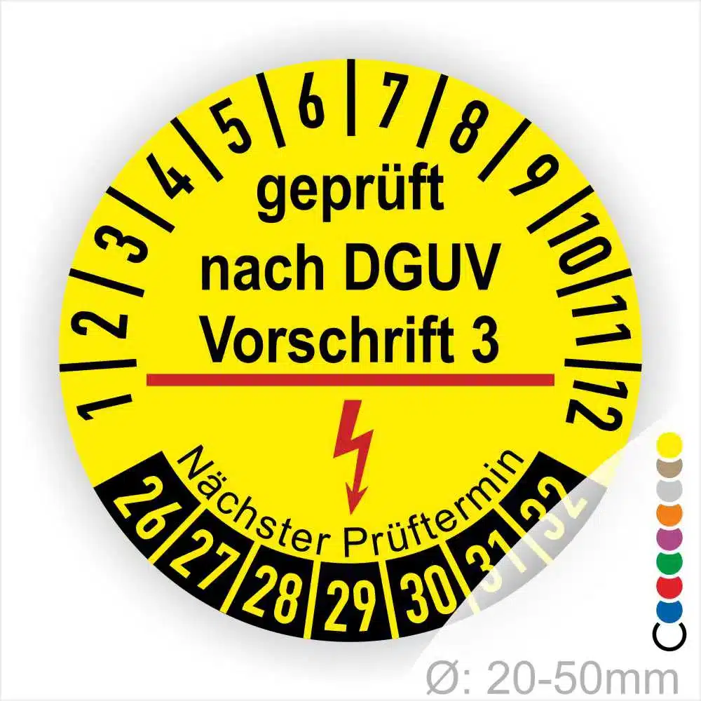 DGUV V3 Prüfplakette gelb mit Hinweis „Nächster Prüftermin“, Jahres- und Monatsring, geprüft nach DGUV Vorschrift 3, Ø 20–50 mm