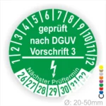 Prüfzertifikat nach DGUV Vorschrift 3, grüne Plakette mit nächstem Prüftermin, geeignet für Geräte mit einem Durchmesser von 20-50 mm.