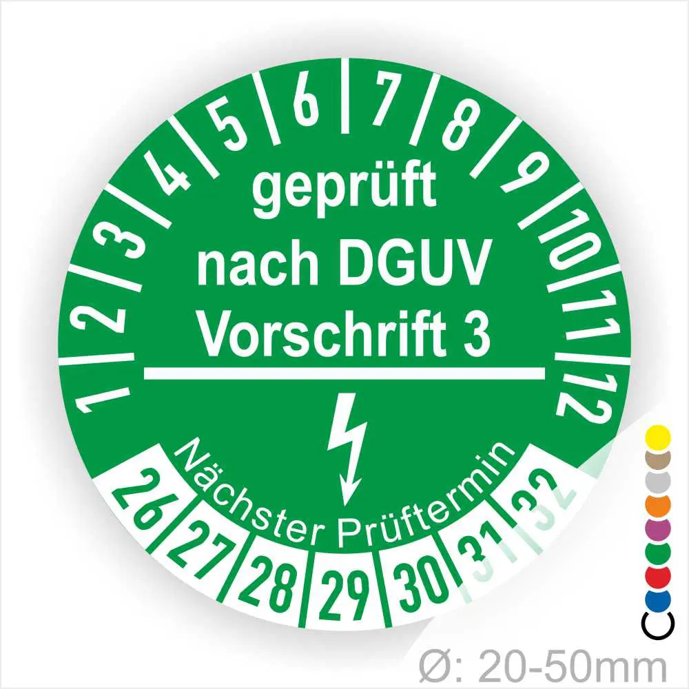 Prüfzertifikat nach DGUV Vorschrift 3, grüne Plakette mit nächstem Prüftermin, geeignet für Geräte mit einem Durchmesser von 20-50 mm.