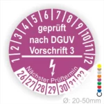 Prüfsiegel nach DGUV Vorschrift 3, zeigt den nächsten Prüftermin und den Durchmesser von 20-50mm.