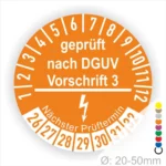 Prüfsiegel nach DGUV Vorschrift 3, orangefarbener Prüfaufkleber mit nächstem Prüftermin, geeignet für Durchmesser von 20-50mm.