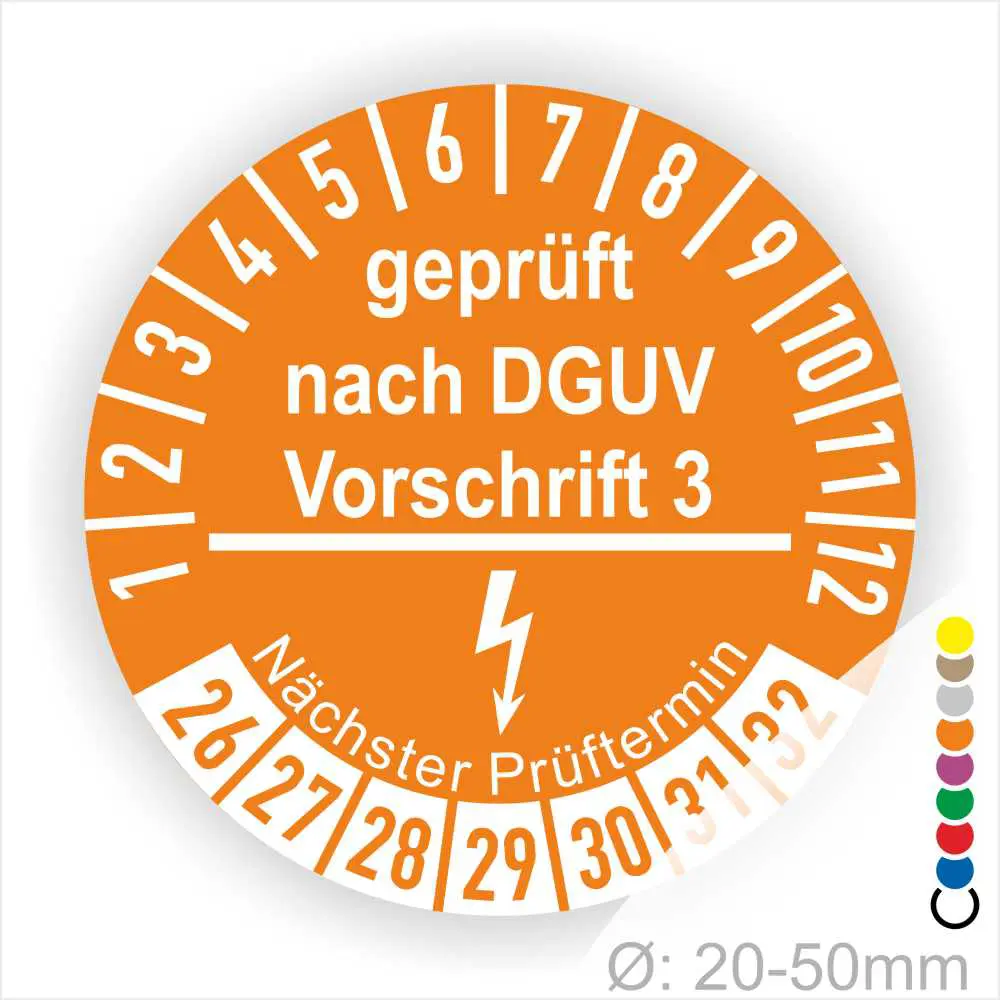 Prüfsiegel nach DGUV Vorschrift 3, orangefarbener Prüfaufkleber mit nächstem Prüftermin, geeignet für Durchmesser von 20-50mm.