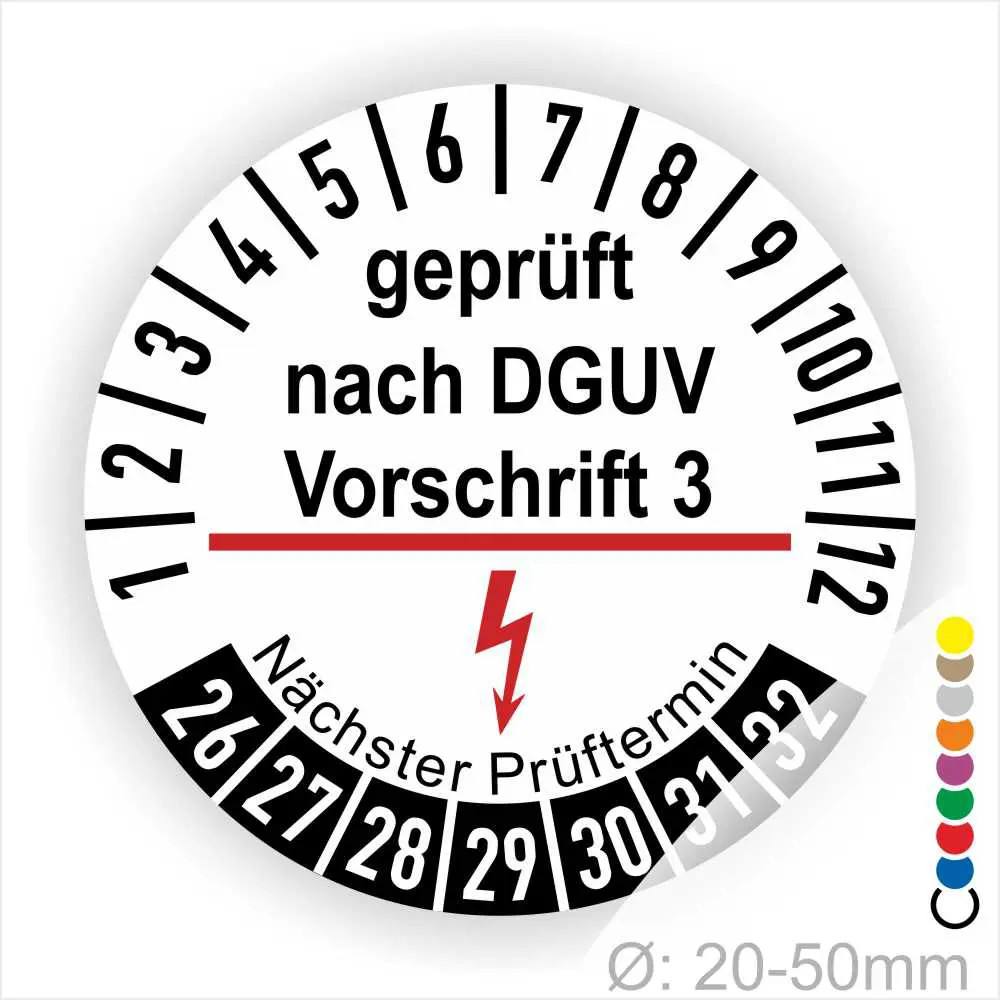 Prüfziffernblatt nach DGUV Vorschrift 3 zur Überprüfung elektrischer Geräte, mit Angabe des nächsten Prüftermins und Durchmesser von 20-50 mm.