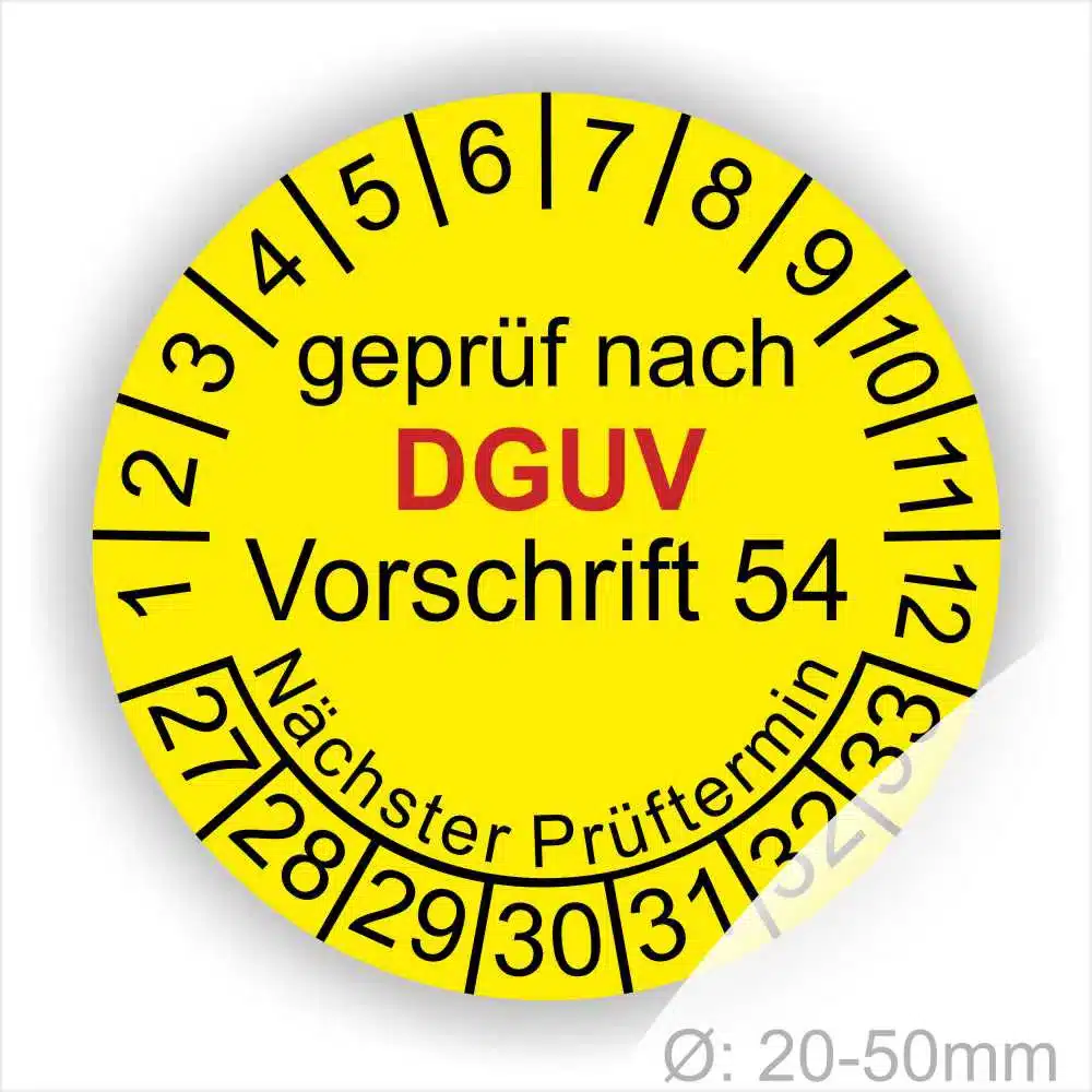 Gelbes Prüfzeichen nach DGUV Vorschrift 54, zeigt den nächsten Prüftermin für Geräte mit einem Durchmesser von 20-50 mm an.