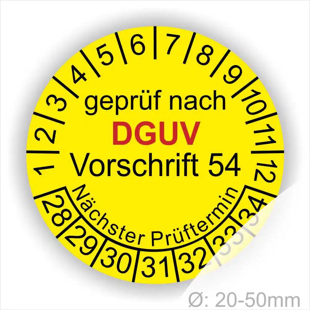 Gelbes Prüfzeichen nach DGUV Vorschrift 54 für Geräte mit einem Durchmesser von 20-50 mm, zeigt den nächsten Prüftermin und Prüfnummern an.